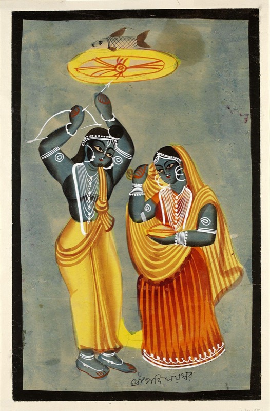 Arjuna with his bow beside Draupadī, the pierced target overhead — Kalighat painting, c. 1885