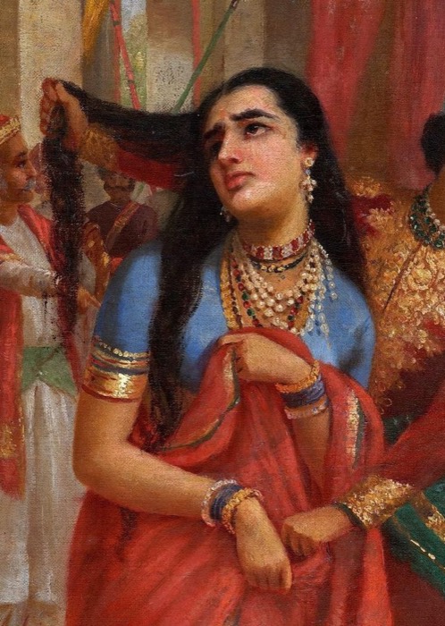 Draupadī in the dice hall, her hair seized — Raja Ravi Varma, c. 1890