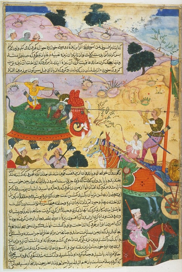 Karṇa, in yellow atop a war elephant, draws his bow — Razmnāma, 1616–17