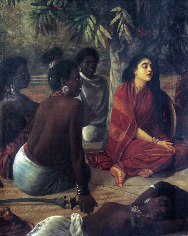 Sītā seated in the aśoka grove among rākṣasa women — Raja Ravi Varma, 1894